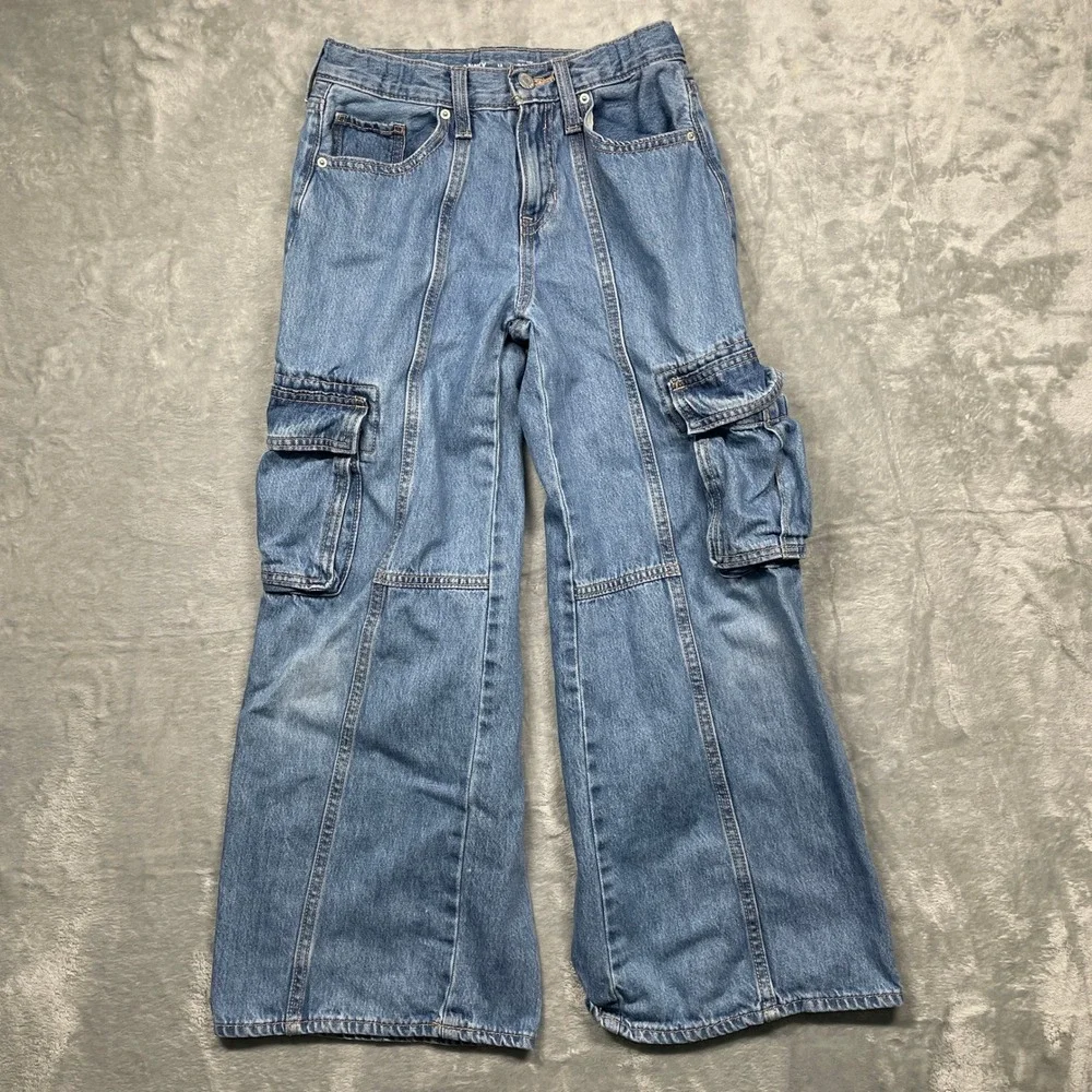 Old Navy Cargo Jeans Kids Size 12 Blue High‎ Rise Baggy Built-In Tough Wide Leg